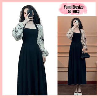 Đầm Bigsize dáng dài, đầm bigsize cổ vuông dáng dài đen phối tay 50-80kg Yung bigsize