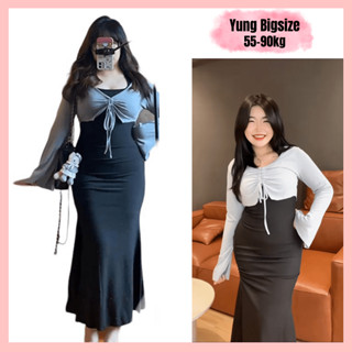 Set đầm Bigsize body, Đầm ôm bigsize sexy dáng dài sẻ tà kèm áo dây rút cá tính 60-90kg Yung bigsize