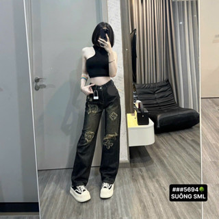 Quần jean nữ ống rộng dáng suông dài wash thêu chữ cao cấp 5694-Jean M7