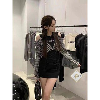 Váy Body Hở Vai Pha Tay Sơmi Kẻ