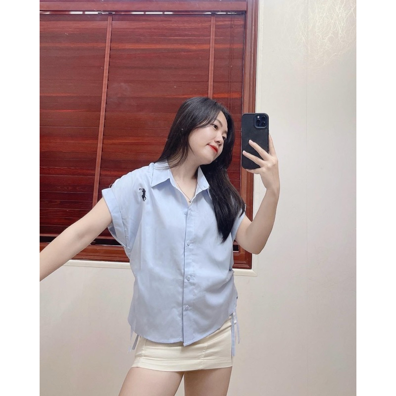 Áo sơ mi cộc thêu ngựa rút eo 2m