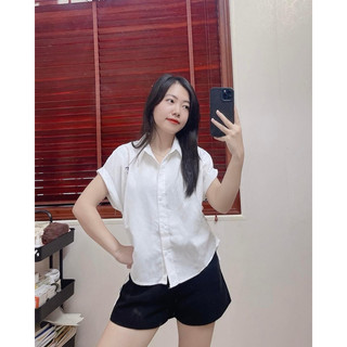 Áo sơ mi cộc thêu ngựa rút eo 2m