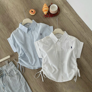 Áo sơ mi cộc thêu ngựa rút eo 2m