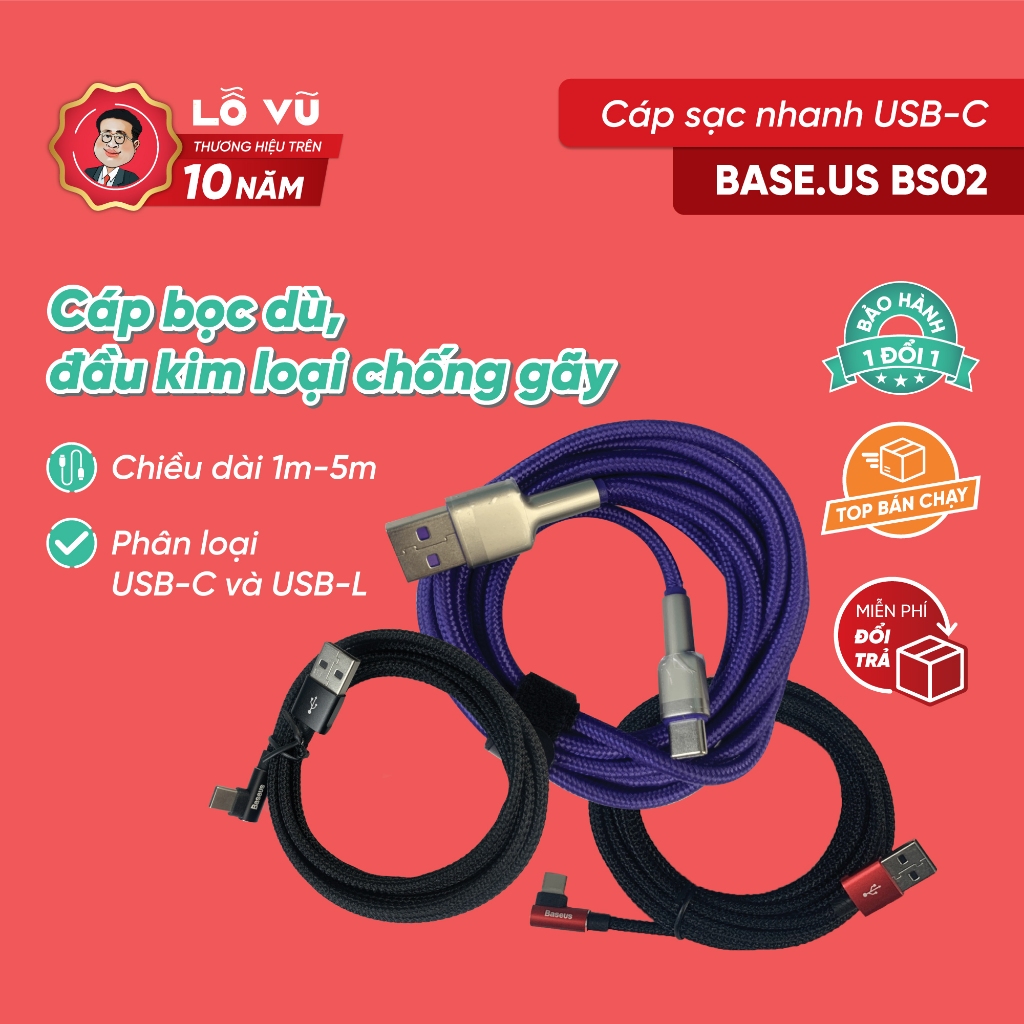 Cáp Sạc Nhanh Base.us Bs02 Tương Thích Nhiều Dòng Điện Thoại, Đầu Usb, Màu Ngẫu Nhiên