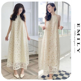 Váy bầu may 2 dây đi biển vải ren cao cấp