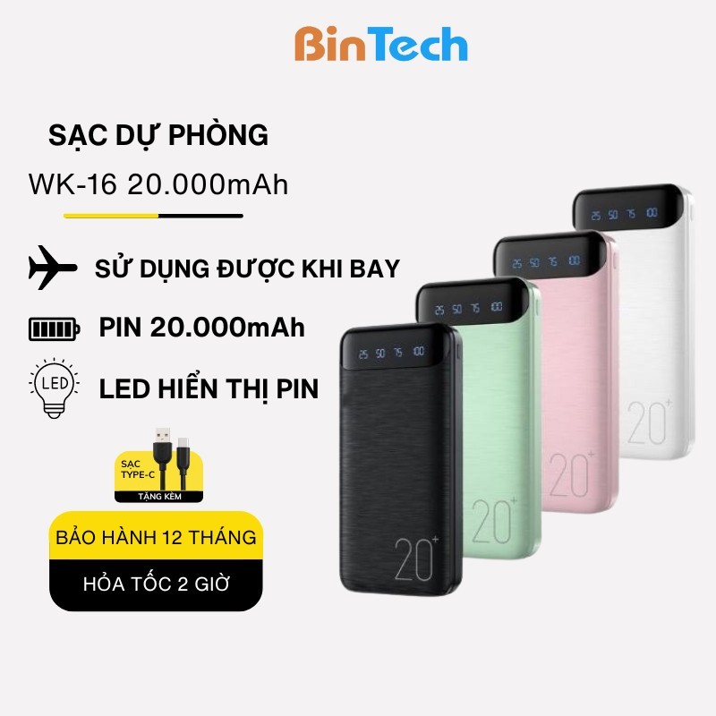 Combo sạc dự phòng 20000mah và cáp sạc 3 đầu BINTECH, 2 Output USB & 2 Input Micro/Type-C - Hỗ Trợ Sạc Nhanh