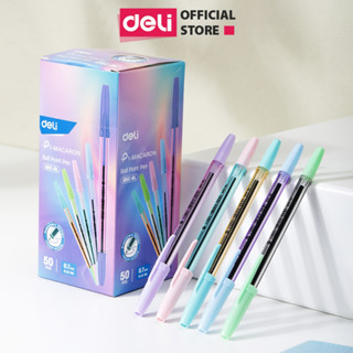 Hộp 50 Bút Bi Mực Xanh Màu Pastel Ngòi 0.5mm Deli - Bút Bi Mực Semi Gel Nắp Đậy Mực Đều Viết Trơn