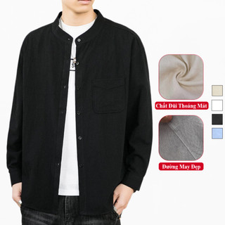 Áo Sơ Mi Nam Dài Tay Cổ Tàu Form Đơn Giản Trẻ Trung, Sơ Mi Nam Cổ Tàu Tay Dài Vải Cotton Thô Mềm Mịn Thấm Hút Mồ Hôi