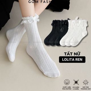 Tất cao cổ nữ phối ren đính nơ GOMTAT, vớ nữ cổ cao co giãn phong cách lolita y2k Nhật Bản dễ thương - ZH-160-1DOI