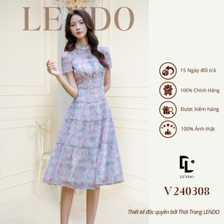 Đầm Váy Công Sở LENDO Dáng Xòe A Nhiều Tầng Tay Ngắn Cổ Tàu Đứng 3 Phân Voan Tơ Hoa V240308