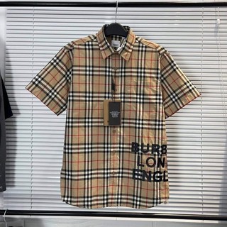 Áo sơ mi burberry london ngắn tay form rộng , sơ mi trơn kẻ vàng caro vải cotton lụa nam nữ unisex