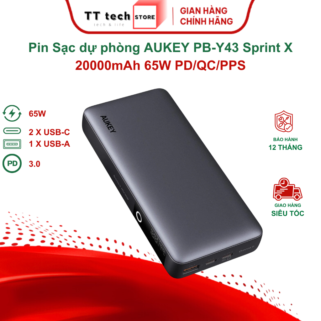 Pin Sạc dự phòng AUKEY PB-Y43 Sprint X 20000mAh 65W Hổ trợ PD/QC 3.0 PPS 5A, LED hiển thị, sạc nhỏ giọt - BH18T