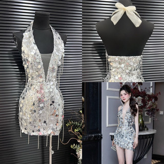 👗đầm body yếm kim sa kết dây đá
