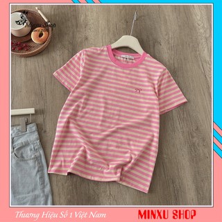 Áo Phông Kẻ Màu Hồng Thêu Nơ Chất Cottom Mềm Mác New Minxu Shop PZ21