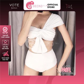Bikini gecko 2 mảnh lệch vai áo gọng quần cạp cao 2m16-b