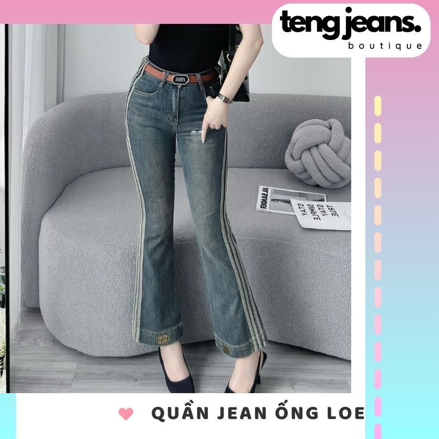 Quần bò jean nữ ống loe lưng cao SS15, Quần jean loe 9 tấc cạp cao co giãn Miu Miu tôn dáng