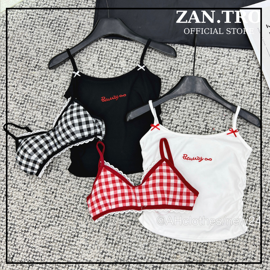 Set áo 2 dây kèm bra siêu trendy set bra kẻ caro zantro 252