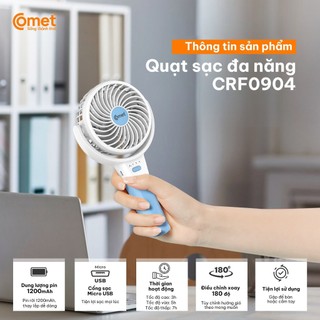 Quạt Sạc Mini Gấp Gọn Cầm Tay Comet CRF0904 3W Nhỏ Gọn Sạc USB Tiện Lợi, Dung Lượng Pin 1.200mAh