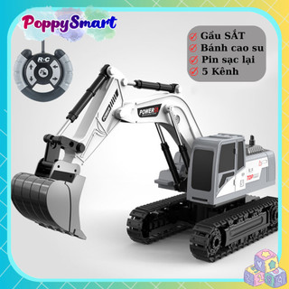 Xe Cuốc Khiển Từ Xa, Xe Máy Xúc Điều Khiển Từ Xa 5 Kênh,Gầu SẮT, Bánh Cao Su, Pin Sạc Lại
