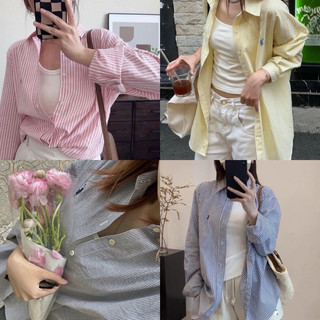Sơ mi kẻ sọc nhí pastel thêu ngựa dài tay trơn cho nữ, sơ mi công sở sọc kẻ