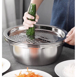 Bộ nạo rau củ quả đa năng inox 3 in 1 - bộ rổ nạo củ quả kèm chậu