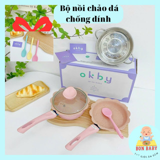 Bộ nồi chảo+ xửng hấp cho bé ăn dặm( Tặng Kèm Thìa) chống dính nấu mọi loại bếp-Bonbaby19