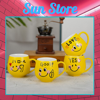 Cốc sứ ly trà, cà phê 250ml Vàng gốm sứ ly sứ hình biểu cảm mặt cười đáng yêu 4 MẪU đa dạng KÈM THÌA