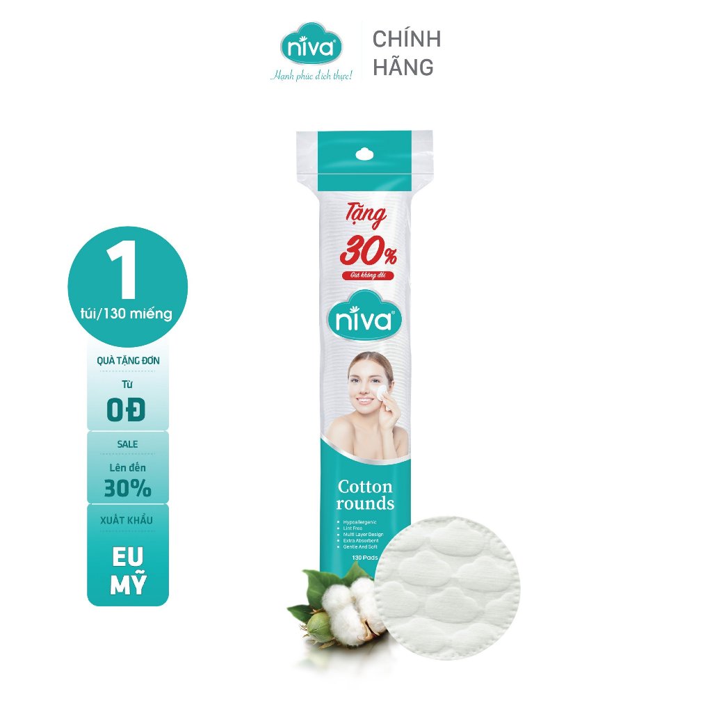 Bông Tẩy Trang Tròn NIVA Cao Cấp Cz2 Gói 130 Miếng Bông Tự Nhiên Mềm Mại An Toàn Cho Da Nhạy Cảm