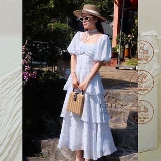 Leila closet | đầm maxi thiết kế orina xanh 3 tầng thắt nơ