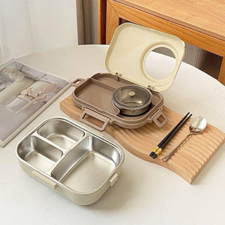 Hộp cơm giữ nhiệt inox 304;Hộp đựng cơm chia ngăn cách nhiệt có ngăn đựng canh tặng kèm đũa thìa inox