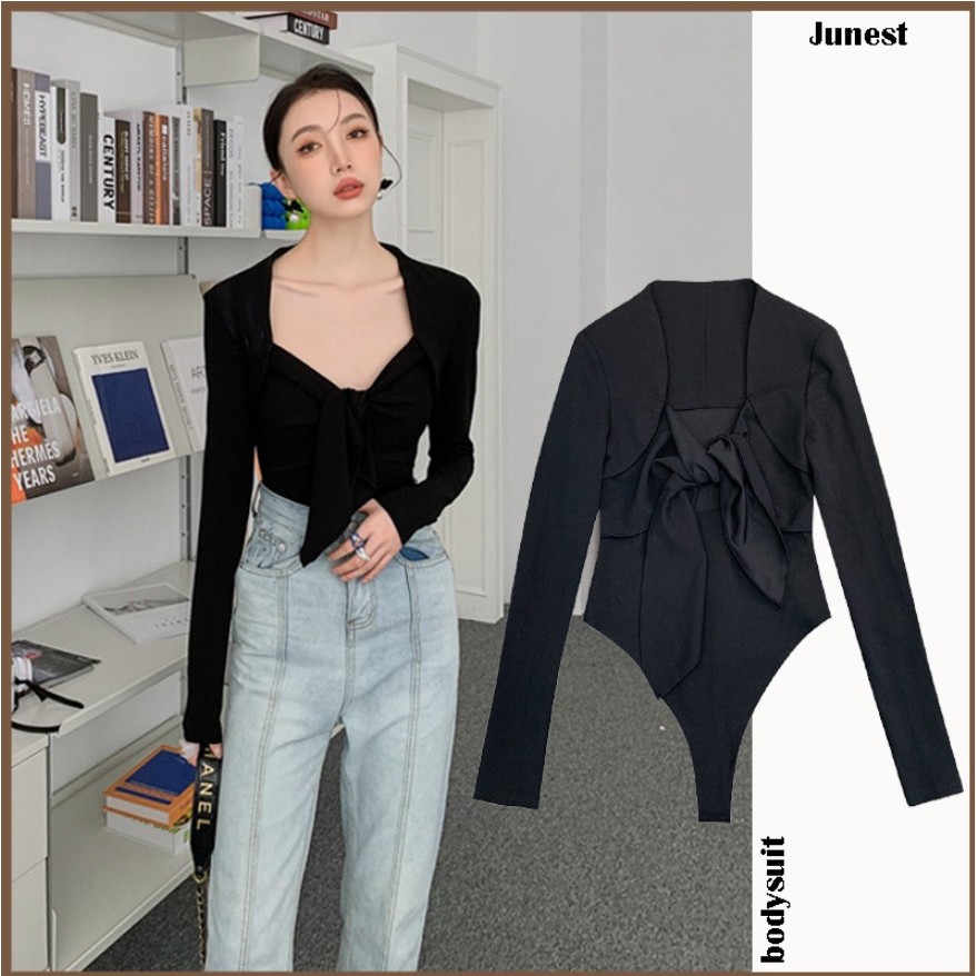 Áo bodysuit nữ tay dài Sicily áo liền quần tay dài cổ vuông nơ ngực Style Sexy B011