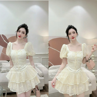 Váy tơ ren viền nổi xoè tầng 560k SML