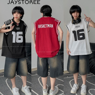 Áo Phông Tanktop 16 BASKETMAN cổ tròn form rộng màu ĐEN/ĐỎ/TRẮNG unisex Nam/Nữ thun cotton /Áo thun ba lỗ Jaystoree 🖤