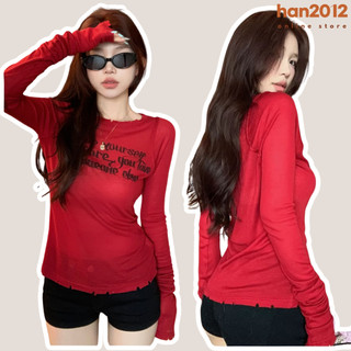 Áo thun tay dài nữ cổ cắt rách dáng ôm, Áo Croptop Dáng Dài In Chữ Phong Cách Retro y2k