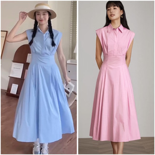 Đầm váy xòe chiết eo cổ sơ mi tay cánh tiên thanh lịch dạo phố