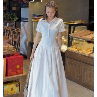 Đầm váy sơ mi công sở dáng xoè chun eo