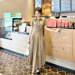 Đầm váy sơ mi công sở dáng xoè chun eo