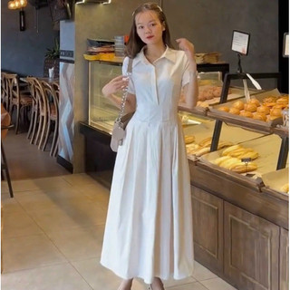 Đầm váy sơ mi công sở dáng xoè chun eo