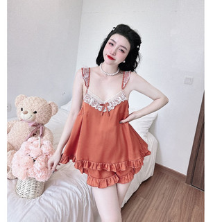Đồ bộ mặc nhà Olici pyjama bộ lụa hai dây quần đùi phối ren chất liệu cao cấp thoáng mát