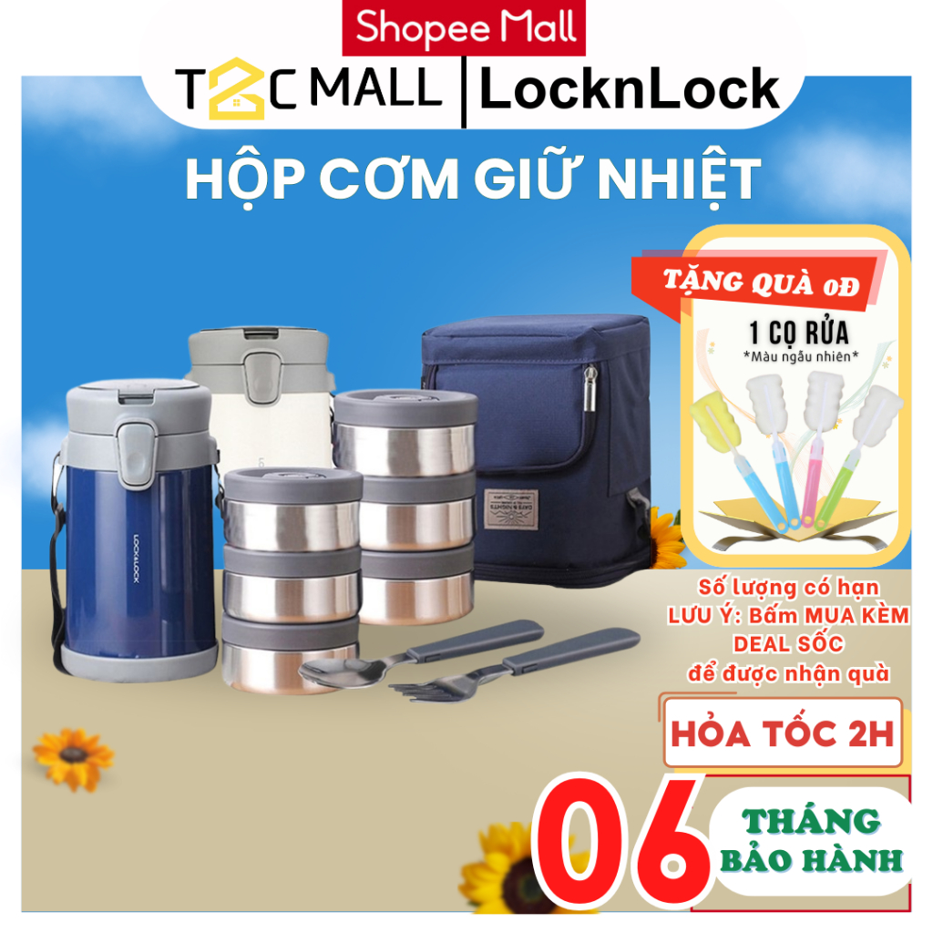 Bộ Hộp Cơm Giữ Nhiệt Locknlock 2 Lít 3 Ngăn Kèm Túi Đựng Giữ Nhiệt Và Muỗng Nĩa Lhc8039 - T2C Mall