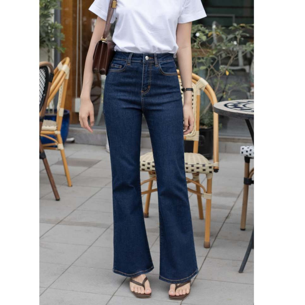 HASHTAGEM - Quần Jean Loe CFJ.4 Classy Flare Jeans Pageant Blue Lưng Cao, Màu Xanh Đậm Trơn Hiện Đại