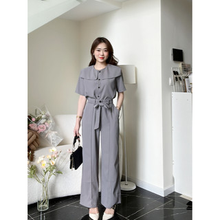 Set áo sơ mi thủy thủ phối quần ống suông ống rộng cạp cao gân giữa công sở mặc đi làm U&M (AP02+QP02)