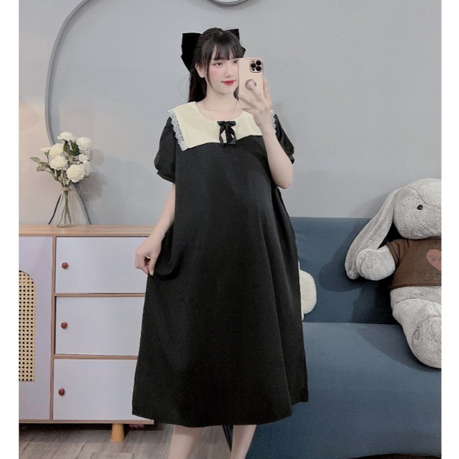 (45-100kg)Váy bầu,đầm bầu công sở màu đen phối ren trắng cực sang,bigsize đến 100kg