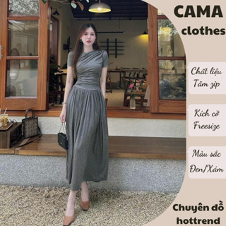Đầm body thun tăm tay ngắn nhúm eo Cama Clothes, váy nữ dáng dài phong cách trẻ trung HCOM2474