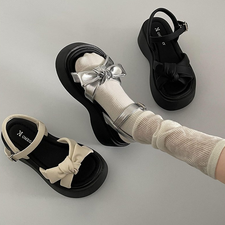 Dép sandal nơ đế cao 6cm đi học đi chơi chất liệu da pu cao cấp Kichi Shoes mã 501