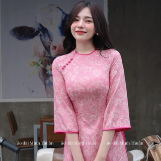 Áo dài cách tân, áo dài truyền thống HỒNG ANH cổ tròn viền hồng sen, đính cúc, hoạ tiết gấm hoa - Áo dài Minh Thuận