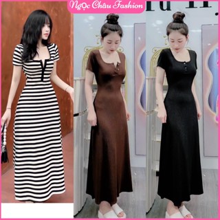 [Dưới 54kg] Đầm váy maxi dáng dài ôm body cổ vuông form chữ A thun gân 3 màu