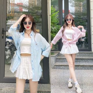 Áo sơ mi đũi phối túi thêu nơ kèm áo 2s Jun Store 24542 P0K15