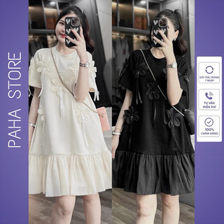 Váy Thiết Kế Hoa Nổi Phối Bèo, Váy Hoa Xuông Đen Phối Bèo Cộc Tay - PAHA SHOP - V 01