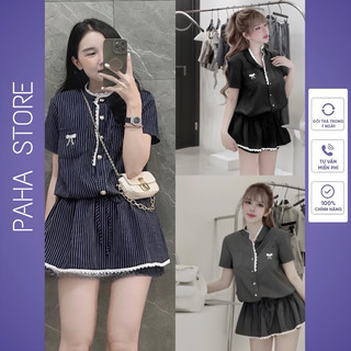 Set bộ đồ nữ kiểu jum nơ kẻ túi ngực kèm quần trong , set jum tiểu thư - paha shop - j 60